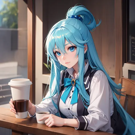 aqua_konosuba, long hair, light blue hair, blue eyes, holding a cup of coffee