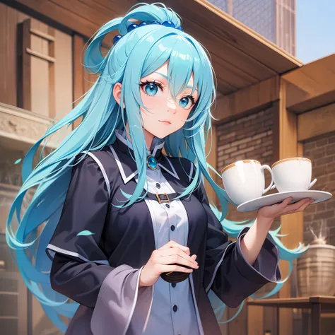 aqua_konosuba, long hair, light blue hair, blue eyes, holding a cup of coffee