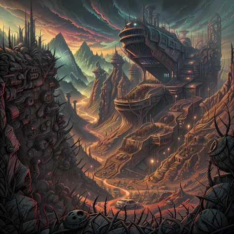 Wide angle, view from the top of the peak, horror art landscape, a valley of biomechanicals structures, futurist horror place, spiked walls, madness, thorns, unreal engine. Horror art, unreal sketch color drawing. Illustration by Dan Seagrave