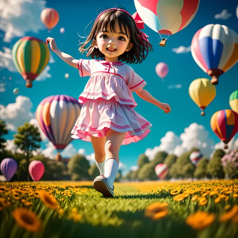 Draw a smiling child, with large, bright eyes, rosy cheeks, and messy hair. Shes wearing a colorful T-shirt with animal prints, short shorts and striped socks. On the feet, the child is wearing colorful sneakers and tied in a fun way. Plus, shes got a funn...