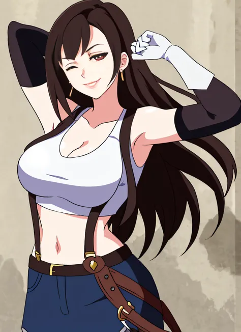 lwa tifa lockhart, 1girl, thick lips, arm up, armpits, artist name, belt, black hair, breasts, brown eyes, cleavage, closed mout...