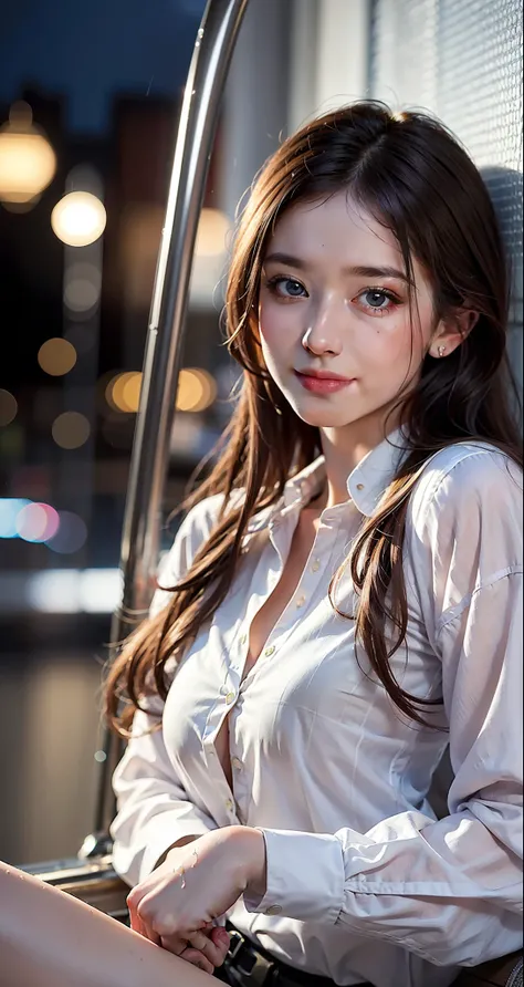 (8k, best quality, masterpiece:1.2), (realistic, photo-realistic:1.37), ultra-detailed, 1 girl, cute, solo, beautiful detailed sky, detailed cafe, night, sitting, dating, (nose blush), (smile:1.15), (closed mouth) small breasts, beautiful detailed eyes, (c...