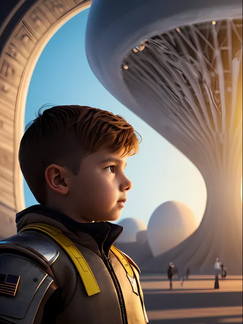 portrait of a boy observing an alien cathedral, futuristic armor, cinematic global illumination. complex background, (photoreali...