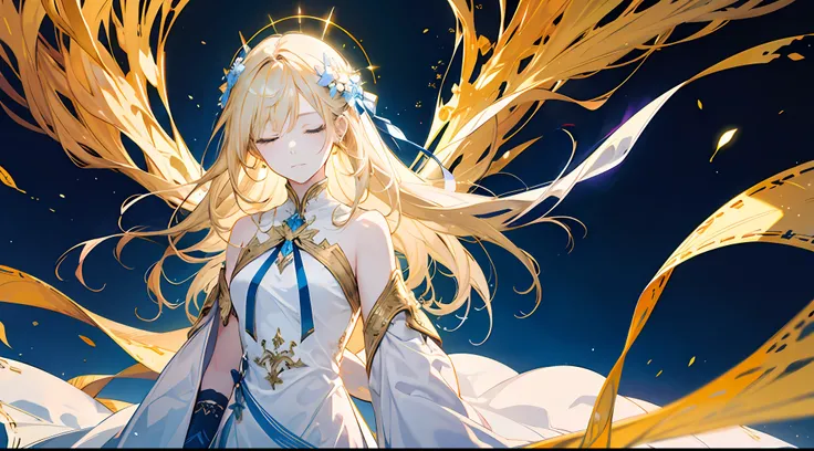 A little girl, beautiful, otherworldly, elegant, full body, long blonde hair, simple dress, white and blue long dress, closed eyes, extreme details, magic, golden streamers surrounding, angel coming, magic array, heavenly god, holy, an angel sword that rad...