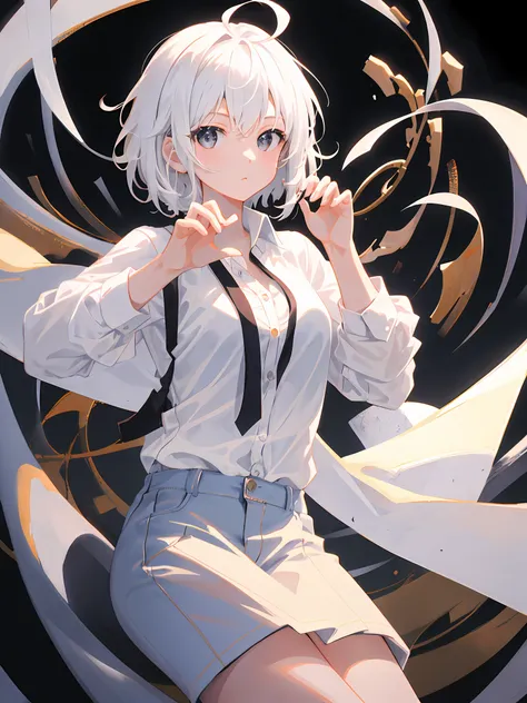 ((masterpiece, best quality)), (1girl), (solo), (female focus), (ahoge, white hair, short hair), black eyes, ((white shirt), (bu...