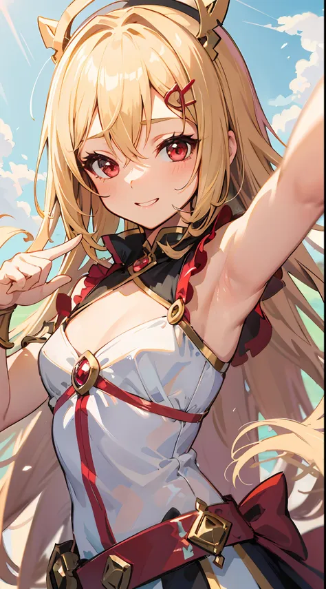 draw a cute loli goddess with mesmerizing red eyes and flowing blonde hair. she is winking playfully while flashing a beautiful ...