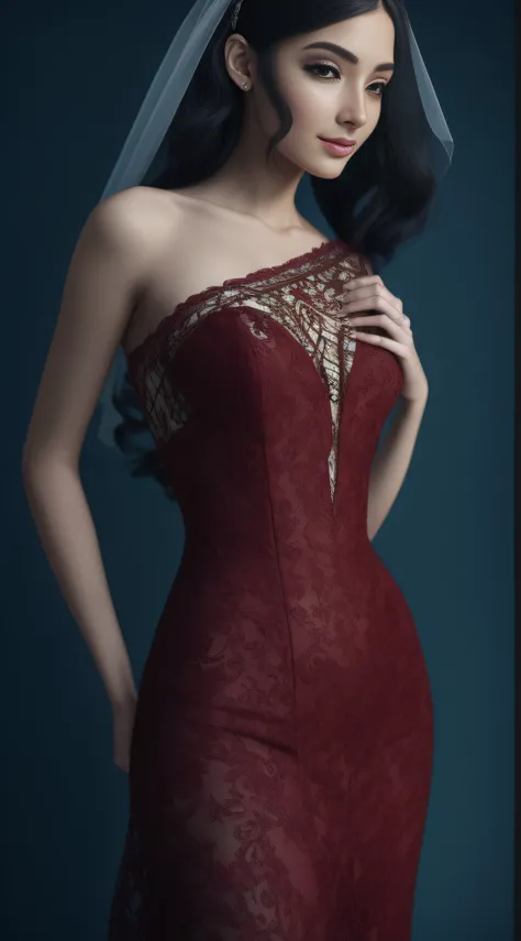 A full body, full shot, detailed and detailed extremely beautiful slender graceful sexy bride, in a red-black wedding dress with intricate lace patterns and sparkling Swarovski crystals and a beautiful long black veil with intricate patterns, stands in the...