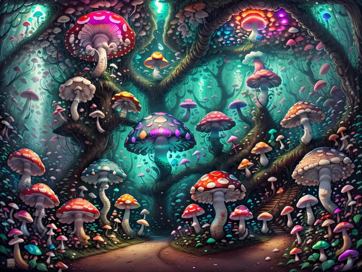 fisheye, 1turtle and many neon mushrooms, fireflies, shroom