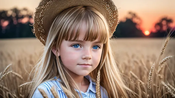 10 year old girl russian child, portrait, with long blonde hair, in a cowboy hat, many oranges with leaves on them on a table, o...