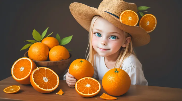 10 year old Russian child girl, close up, PORTRAIT, with long blonde hair, in a cowboy hat, many oranges with leaves on them on a table, oranges, extremely coherent orange, orange skin, orange and orange slices, orange colors, orange color, orange backgoru...