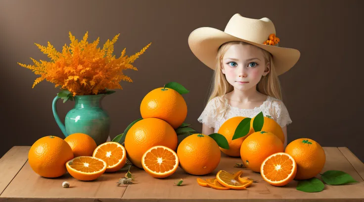 10 year old Russian child girl, close up, PORTRAIT, with long blonde hair, in a cowboy hat, many oranges with leaves on them on a table, oranges, extremely coherent orange, orange skin, orange and orange slices, orange colors, orange color, orange backgoru...