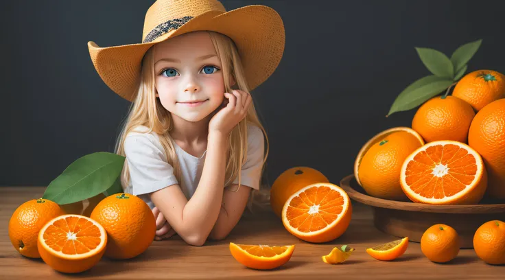10 year old girl Russian child, PORTRAIT, with long blonde hair, in a cowboy hat, many oranges with leaves on them on a table, oranges, extremely coherent orange, orange skin, orange and orange slices, orange colors, orange color, orange orange, orange bac...