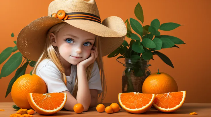 10 year old Russian child girl, close up, PORTRAIT, with long blonde hair, in a cowboy hat, many oranges with leaves on them on a table, oranges, extremely coherent orange, orange skin, orange and orange slices, orange colors, orange color, orange backgoru...