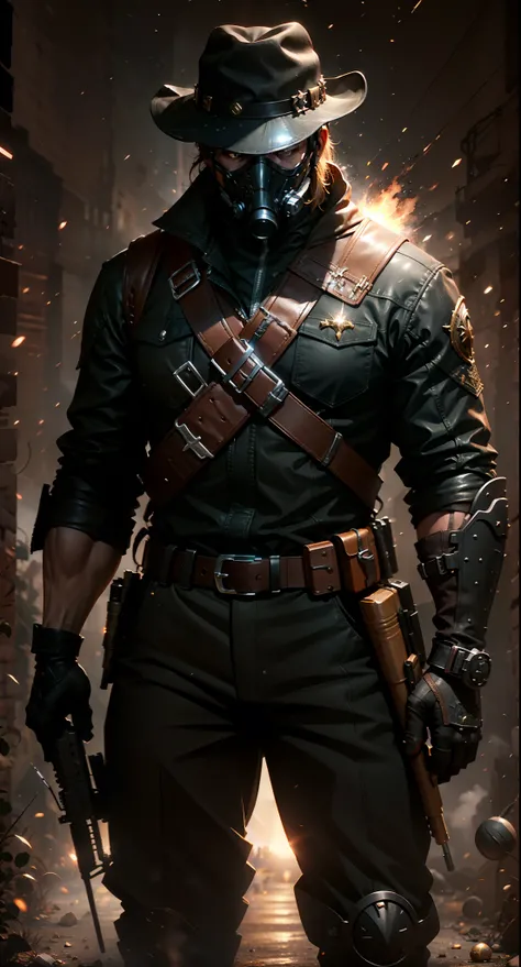 Western setting, Grown man, cowboy cosplay, leather hat, a rifle handle on the back, a short-barreled shotgun in the hands, mask on the face, black suit with gold, projectiles being fired, bullet belt at the waist, unreal engine 5, ultra detailed, 8k.