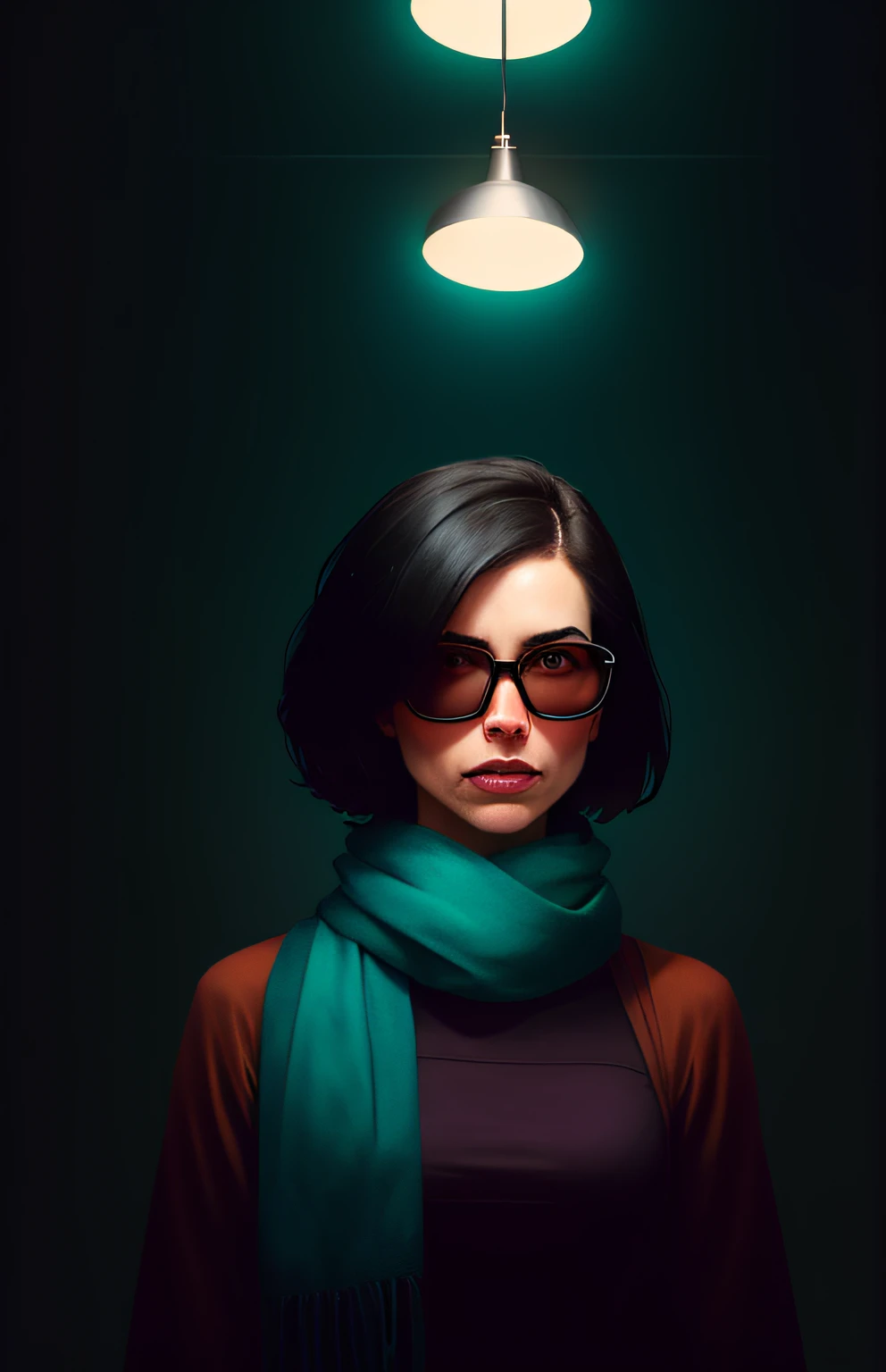 (dark photo: 1.1), epic realistic, halo portrait, sunglasses, blue eyes, tartan scarf, black hair, very short, short hair, by at...