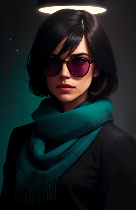 (dark photo: 1.1), epic realistic, halo portrait, sunglasses, blue eyes, tartan scarf, black hair, very short, short hair, by at...