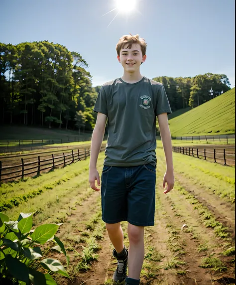 teenage guy, solo, farm, sunny weather, facing the camera