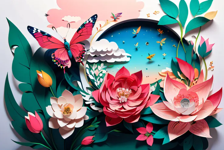 realistic, (best quality, masterpiece: 1.3), illustration, large butterfly in center, floating in gardenias, cloudy sky, paper_c...