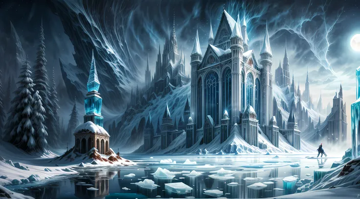 A frozen metropolis, a city entombed. The buildings lie hidden beneath a vast expanse of ice, stretching endlessly into the distance. The ice is thick, glistening with a cold and pristine beauty, obscuring the vibrant life that once thrived below. The towe...