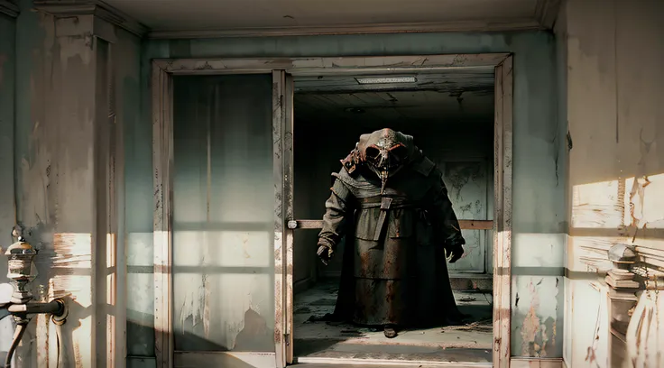 there is a statue of a man wearing a gas mask in a doorway, jack baker from resident evil 7, indie video game horror, horror vid...