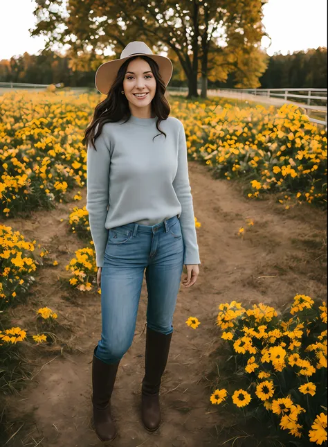 Portrait in close, professional photo, natural lighting front, full body, front viewer, open mouth, beautiful lean woman pants boot sweater, standing outside during autumn, sun, flowers, hat, horseback riding