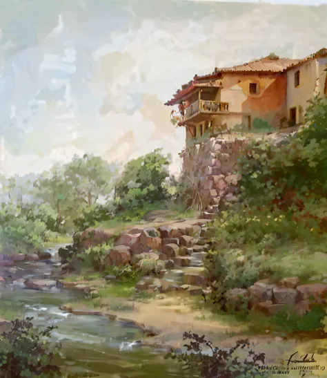 painting of a house on a hill with a stream running through it, by ni yuanlu, by jenaro de urrutia olaran, by carlos francisco c...