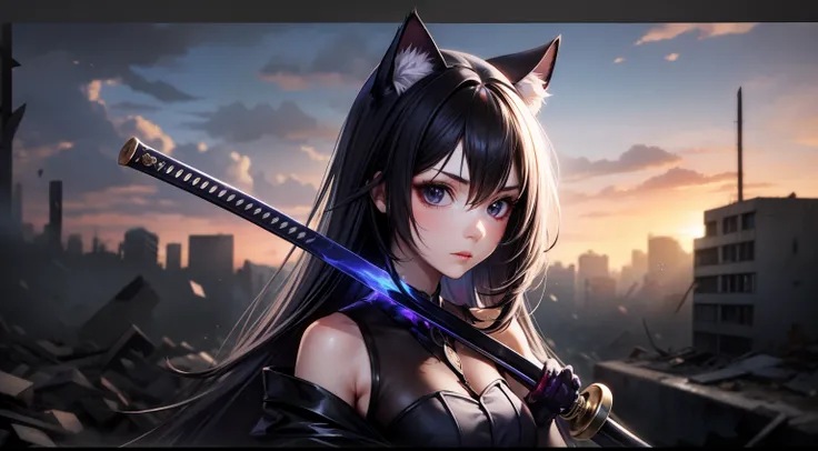 (Style): { Masterpiece, best quality, high resolution, super detail, flat lighting, }, (composition):{1 girl, viewfinder}, (appearance): {(medium long hair: 0.8), black-purple hair, (straight hair: 1.2), black-purple cat ears, small white fluff ear, bright...