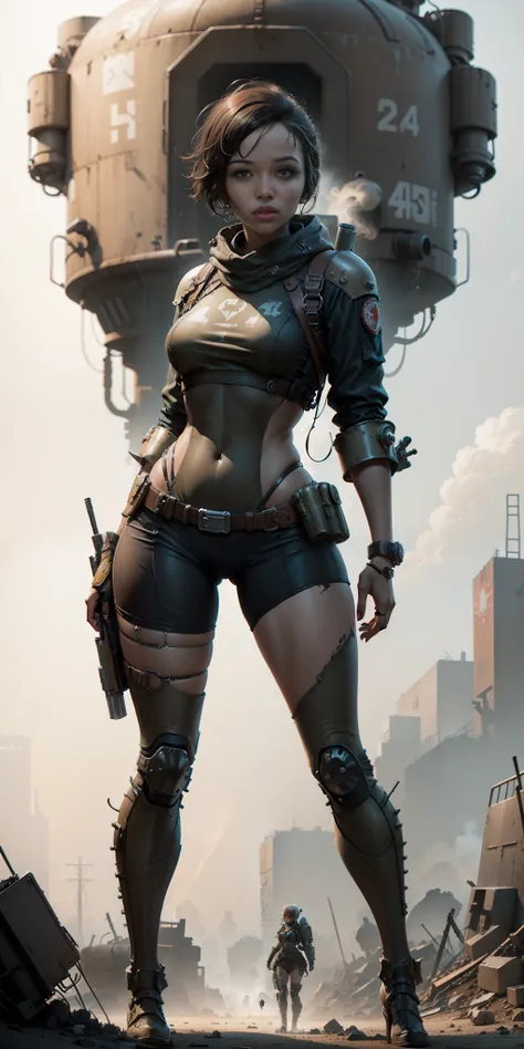 ((fallout 4)) drawing image of a black woman with a rifle, standing, in an armored vault suit suit, female character concept art...