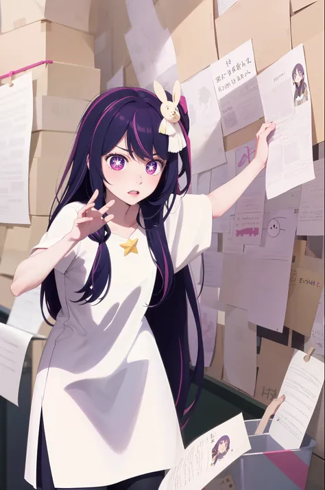 pepesilviameme
wall, paper hoshino ai, long hair, purple hair, streaked hair ,purple eyes, star-shaped pupils, hair ornament,