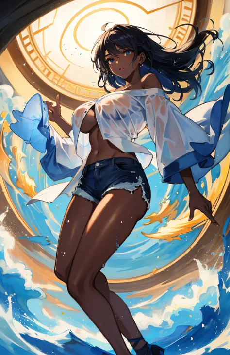big boobs,(masterpiece), best quality, extremely detailed, (watercolor), bloom, beautiful agony 18 year old female with dark skin, delicate and beautiful, illustration, (from below),(1girl:1.4), (solo:1.2), large breasts, (wet blouse:1.3), off-shoulder wet...