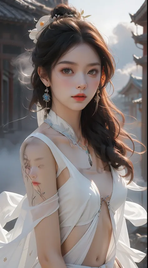 NSFW, Super High Quality, Masterpiece, Perfect Illustration, Extreme Details (Delicate Light and Shadow, Highly Dramatic Picture,)Zhong Hua, 1 Girl, Solo, Hanfu, Ancient_Chinese_architecture, Flower Field, Flowers, (White Smoke:1.3) (Realistic:1.4), Zen En...