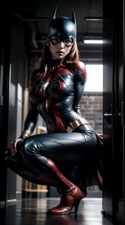 beautiful woman, costume fusion of spider-man and batgirl, sexy, cover, rain, realistic, full body photo, prominent figure, phot...