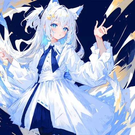 female, anime cat ears, long white hair, small white dress, blue eyes