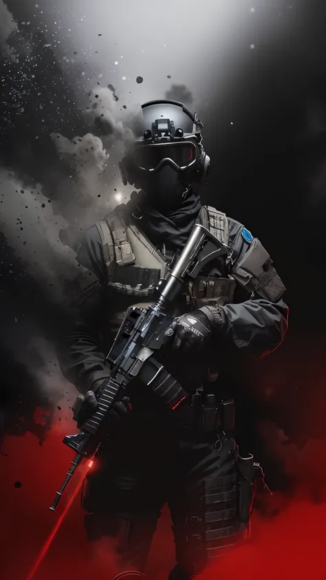 a man in a black uniform holding a rifle and a red light, airsoft cqb, rb6s), special forces, fps shooter game, rb6s, rb 6 s, mo...