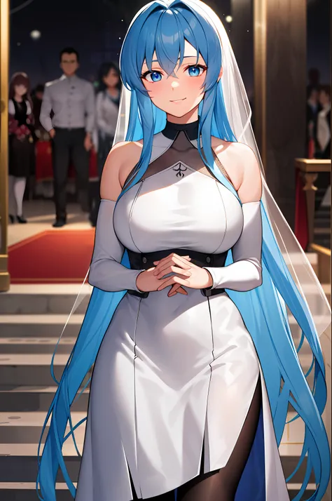 (masterpiece), (best quality),highres, ultra detailed,  esdeath, long hair ,blue hair, blue eyes, wedding wear , black wedding d...