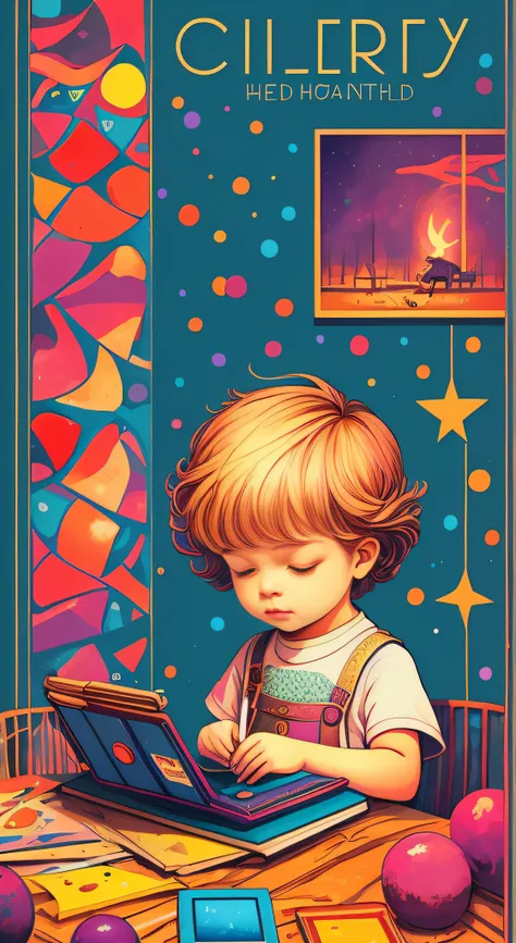 A child in the center making art on a kindle, with a colorful background, textless book cover, center, fantasy