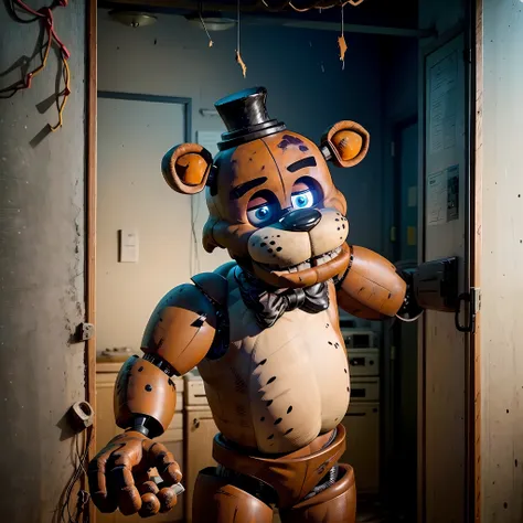 animatronic from five nights at freddy's, with damaged body parts and wires sticking out of the body, in an abandoned pizzeria