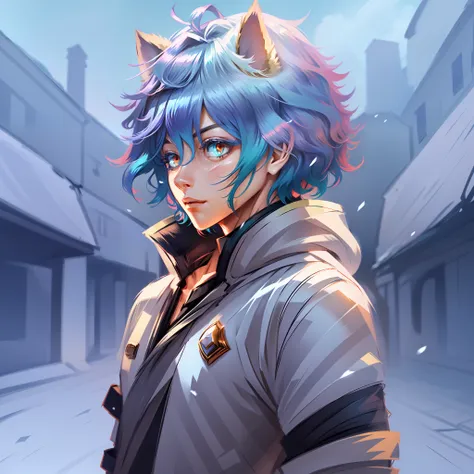 0.7>,anime boy,snow,(male),jacket,diamond,multicolored hair,multicolored eyes,cat ears on top of head