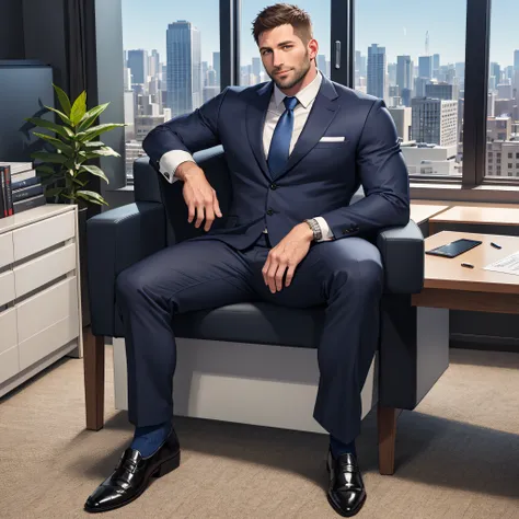 a handsome 38-year-old man sitting in the office, crew cut, business suit, windows, cityscape, full body, mature man, [fat], [ch...