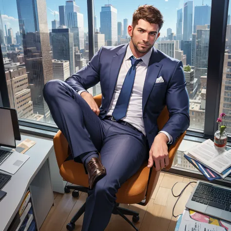 a handsome 38-year-old man sitting in the office, crew cut, business suit, windows, cityscape, full body, mature man, [fat], [ch...