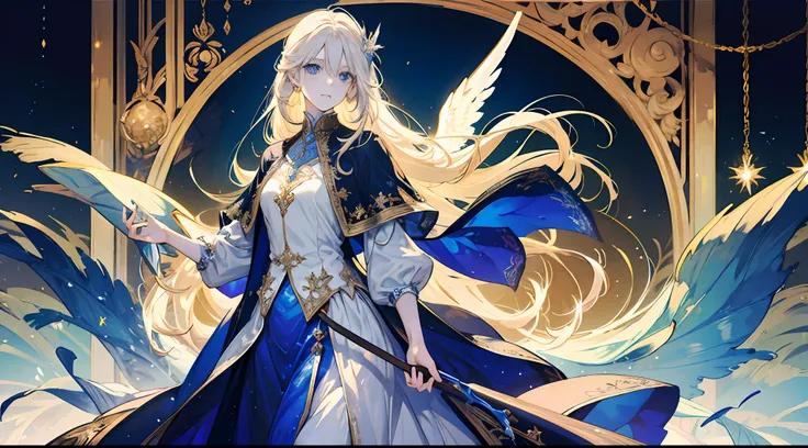 16k, best quality, a woman, tall, beautiful, otherworldly, elegant, blue eyes, full body, long blonde hair, platinum dress, (exquisite), long skirt, golden armor, extreme details, golden streamer surrounding, angel descending, masterpiece, concept art, han...