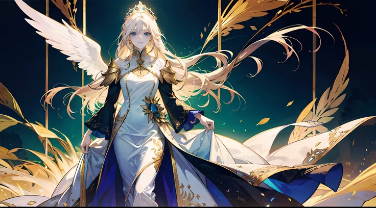 16k, best quality, a woman, tall, beautiful, otherworldly, elegant, blue eyes, full body, long blonde hair, platinum dress, (exquisite), long skirt, golden armor, extreme details, golden streamer surrounding, angel descending, masterpiece, concept art, han...