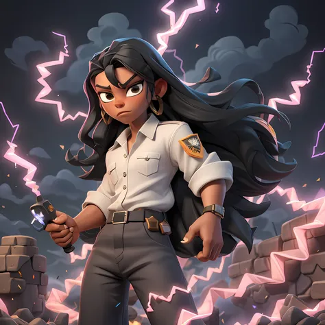 ladino with long straight black hair, wearing white shirt and military jacket, black pants, hot desert, brawl stars, electric li...