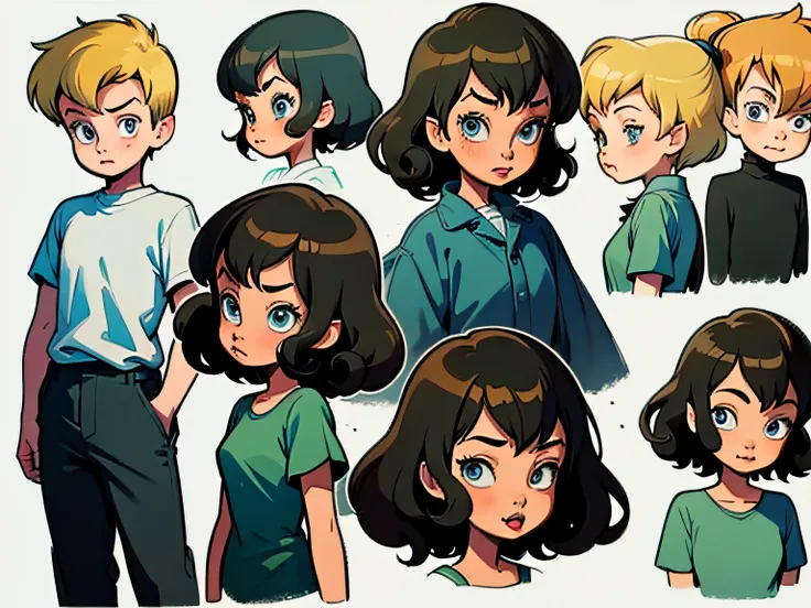 ((masterpiece)),((best quality)),(character design sheet, same character, front, side, back) 2 children a white boy and a girl black skin curly hair and black just the face around 8 years old ,happy, perfect quality, clear focus only white background face