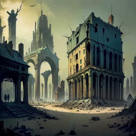 destroyed cities, dark trade and nebulous dystopian scenery. fallen buildings, and lots of dry trees