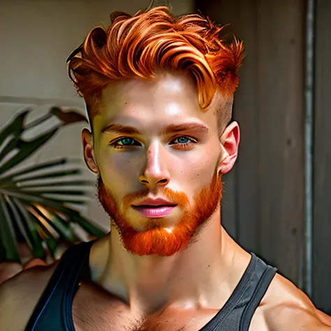 young man, redhead, short hair, fair skin, green eyes, no beard, whole body muscular, very handsome, wearing a tank top