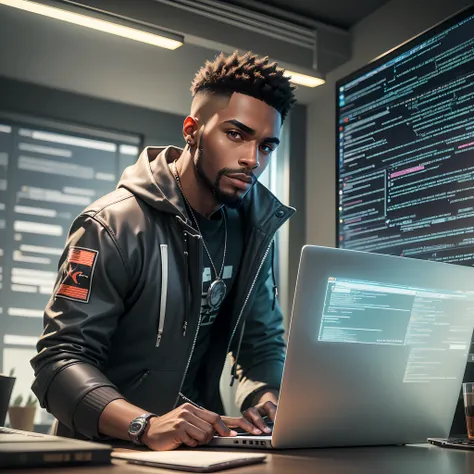 black man around 22 years old, good looking and bearded, python programmer, cyberpunk, inside an apartment, looking through glas...