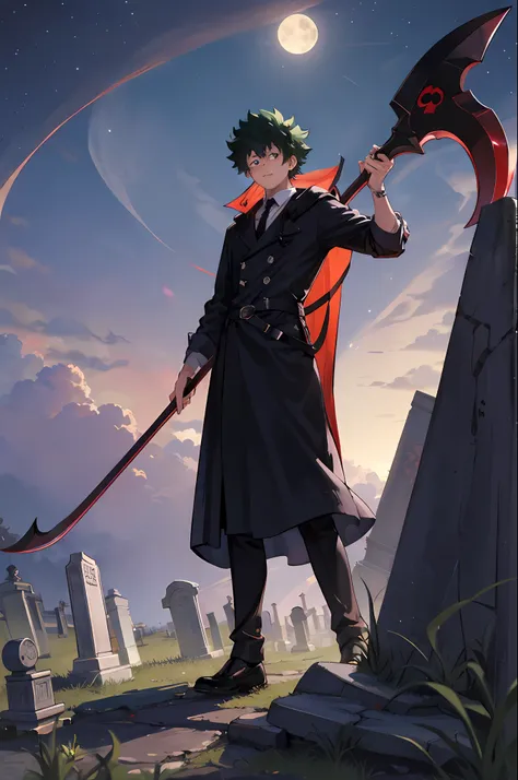 "izuku_midoriya_as_the_grim_reaper dressed_in_plague_doctors_clothes wielding_a_scythe in_a_cemetery under_the_crimson_moonlight"