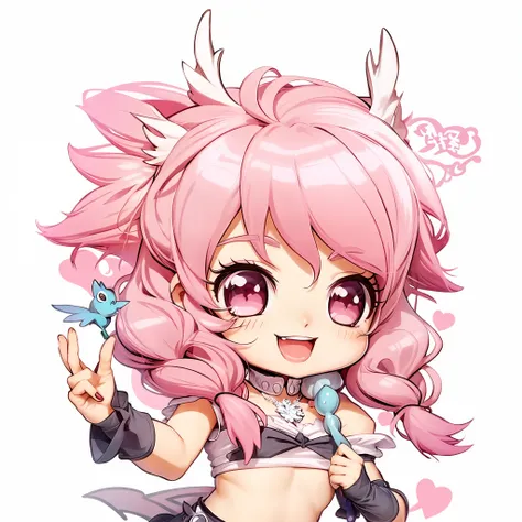 A cartoon girl with pink hair and a pink outfit holding a blue bird, Nyaruko-san, Anime Moe Artstyle, cute! Chibi! Catgirl, Chibi, Anime Chibi, Chibi Monster Girl, Anime Girl Named Lucy, [[[Grinning Evily]]]], Mika Kurai Demon, holding a prudish pose, Anim...