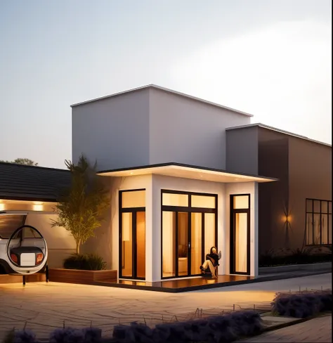 small house at sunrise, best quality, small tree, 1 car, 1 girl sexy, 1 motor